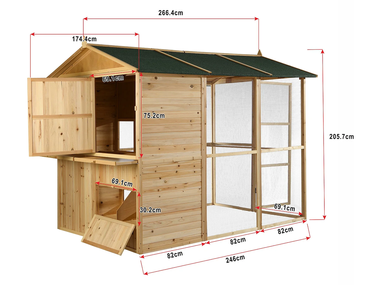 Poulailler en bois avec enclos - 10 poules - L. 266 x P. 174 x H. 205 cm - Naturel - FERAS