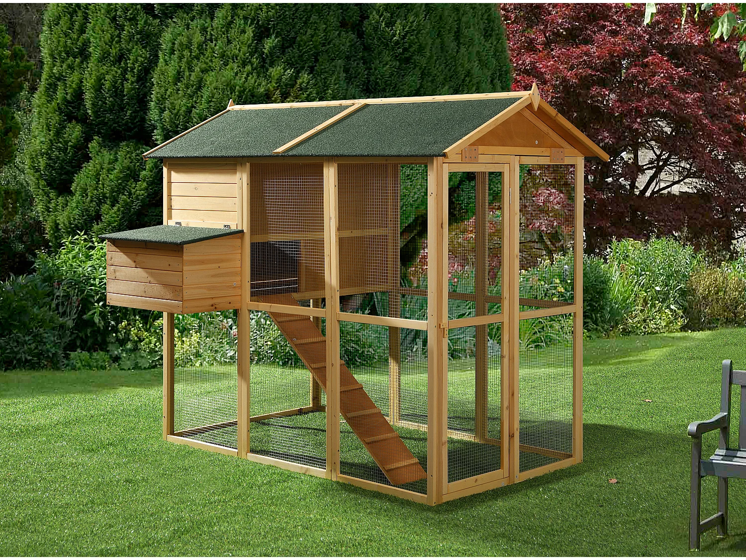 Poulailler en bois avec enclos - 8 poules - L. 201 x P.142 x H. 171 cm- Naturel - GALLUS