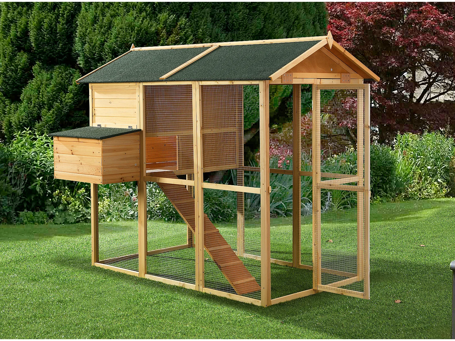 Pollaio con recinto 8 galline L. 201 x P.142 x H. 171 cm in Legno Naturale - GALLUS