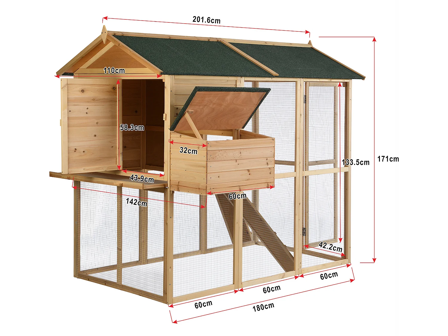 Poulailler en bois avec enclos - 8 poules - L. 201 x P.142 x H. 171 cm- Naturel - GALLUS