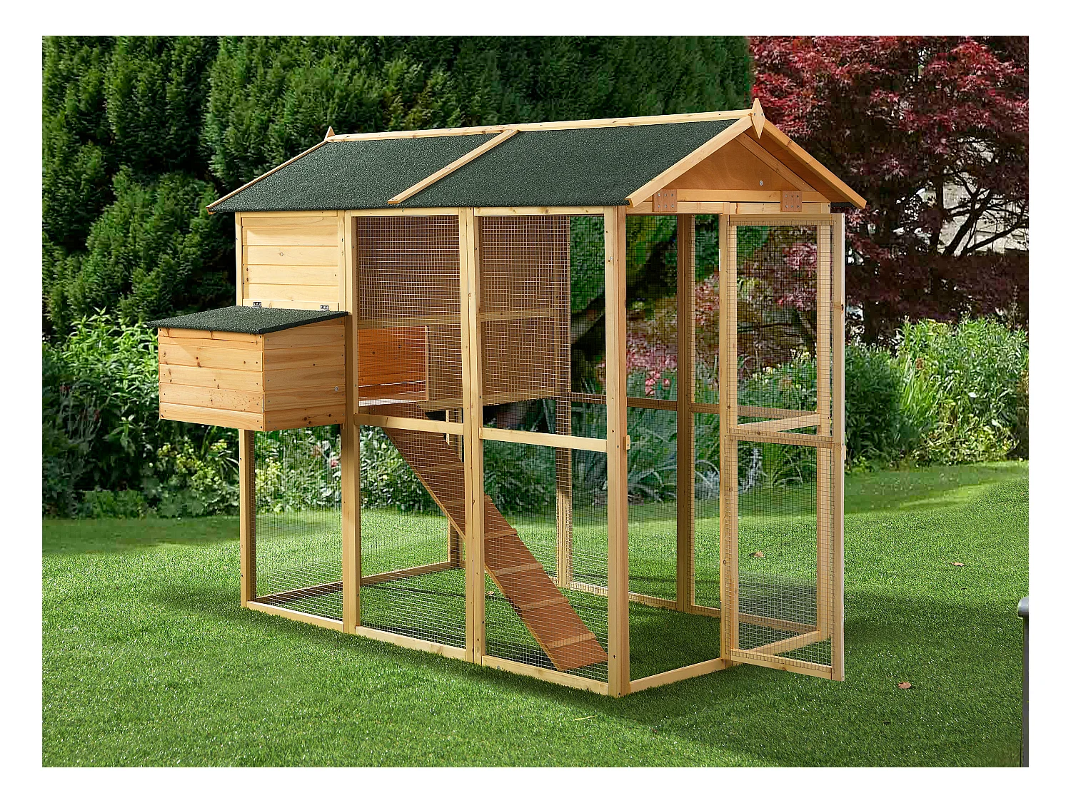 Poulailler en bois avec enclos - 8 poules - L. 201 x P.142 x H. 171 cm- Naturel - GALLUS
