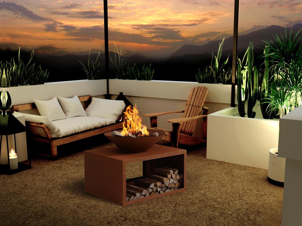 Brasero en acier Corten avec range bûches - L90 x H67,5 x P75 cm - BEZIO