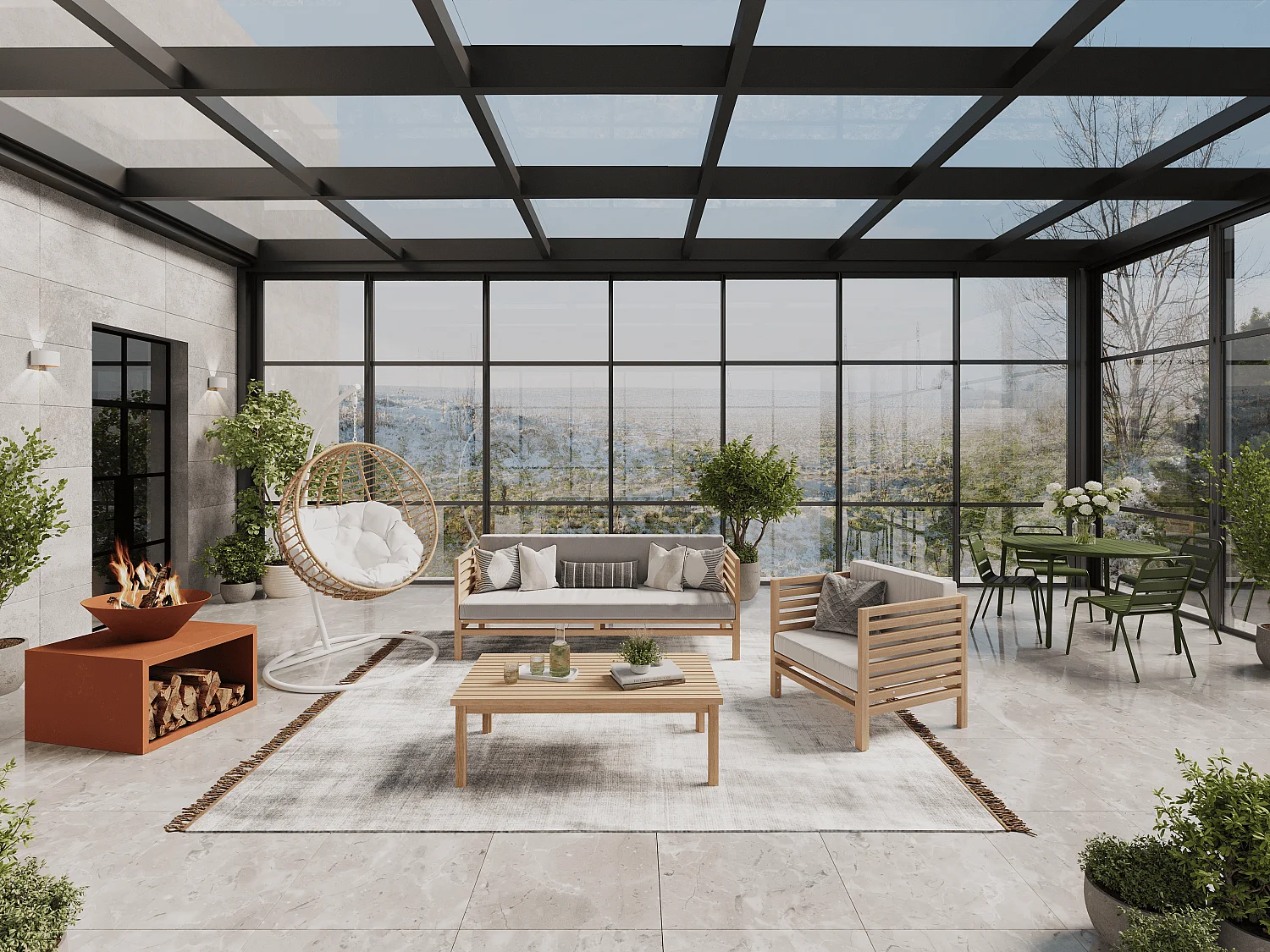 Feuerschale aus Cortenstahl mit Holzablage - 90 x 67,5 x 75 cm - BEZIO