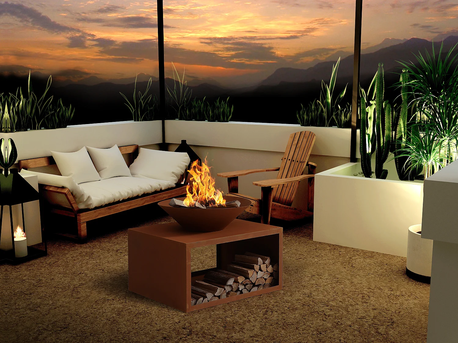 Brasero en acier Corten avec range bûches - L90 x H67,5 x P75 cm - BEZIO