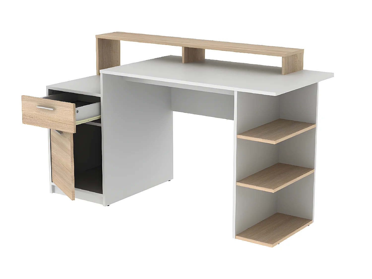 Ensemble bureau avec rangements - Blanc et naturel +  Chaise de bureau - ZACHARIE