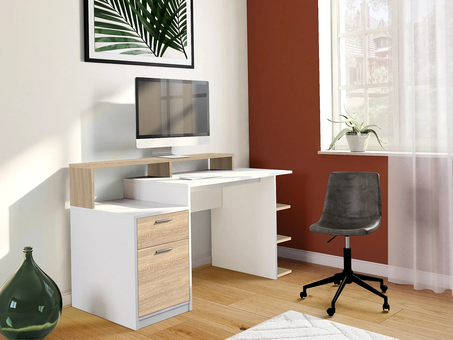 Ensemble bureau avec rangements - Blanc et naturel +  Chaise de bureau - ZACHARIE