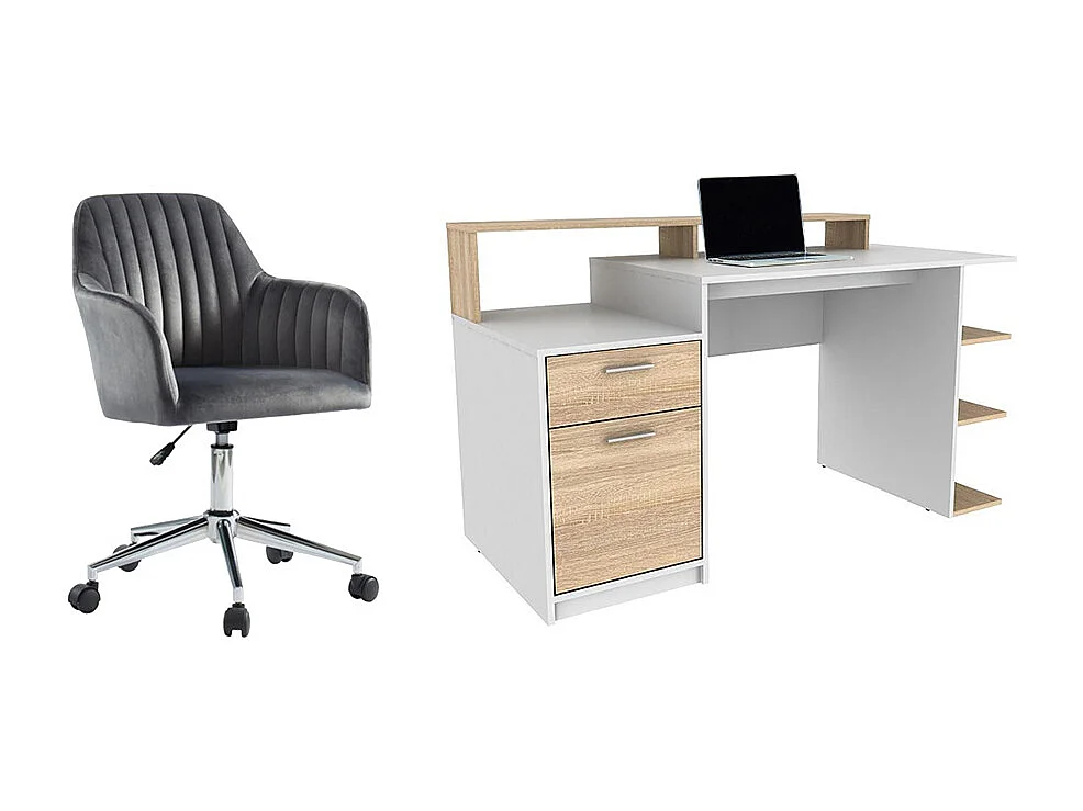 Ensemble bureau avec rangements - Blanc et naturel +  Chaise de bureau - ZACHARIE