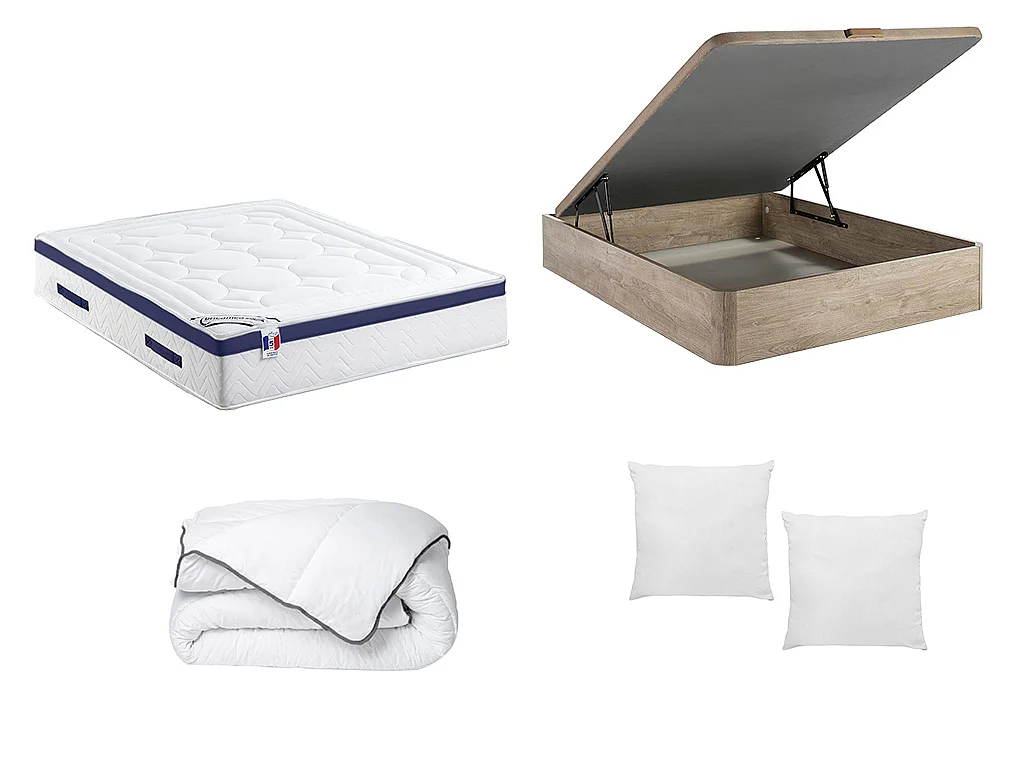 Ensemble literie 160 x 200 cm - sommier coffre naturel clair + matelas hybride ressorts ensachés + couette + 2 oreillers - MARQUIS