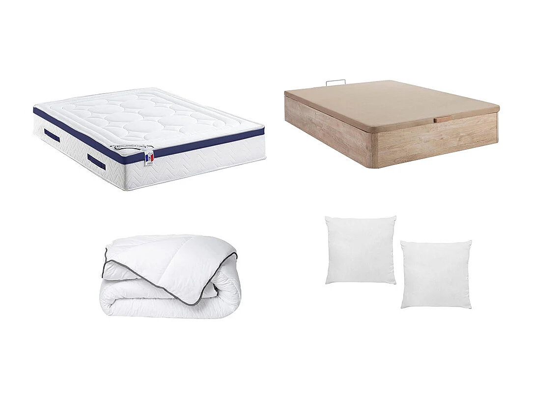Ensemble literie 160 x 200 cm - sommier coffre naturel clair + matelas hybride ressorts ensachés + couette + 2 oreillers - MARQUIS