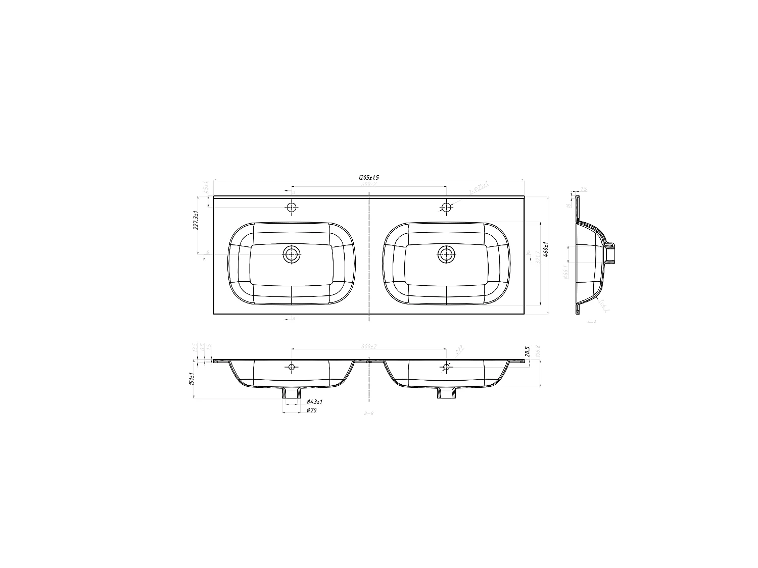 Dubbele inbouwwastafel in hars met steenlook - Zwart - L120 x B46 cm - ATIWA