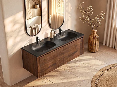 Double inset basin in stone-effect resin - black - L120 x W46 cm - ATIWA