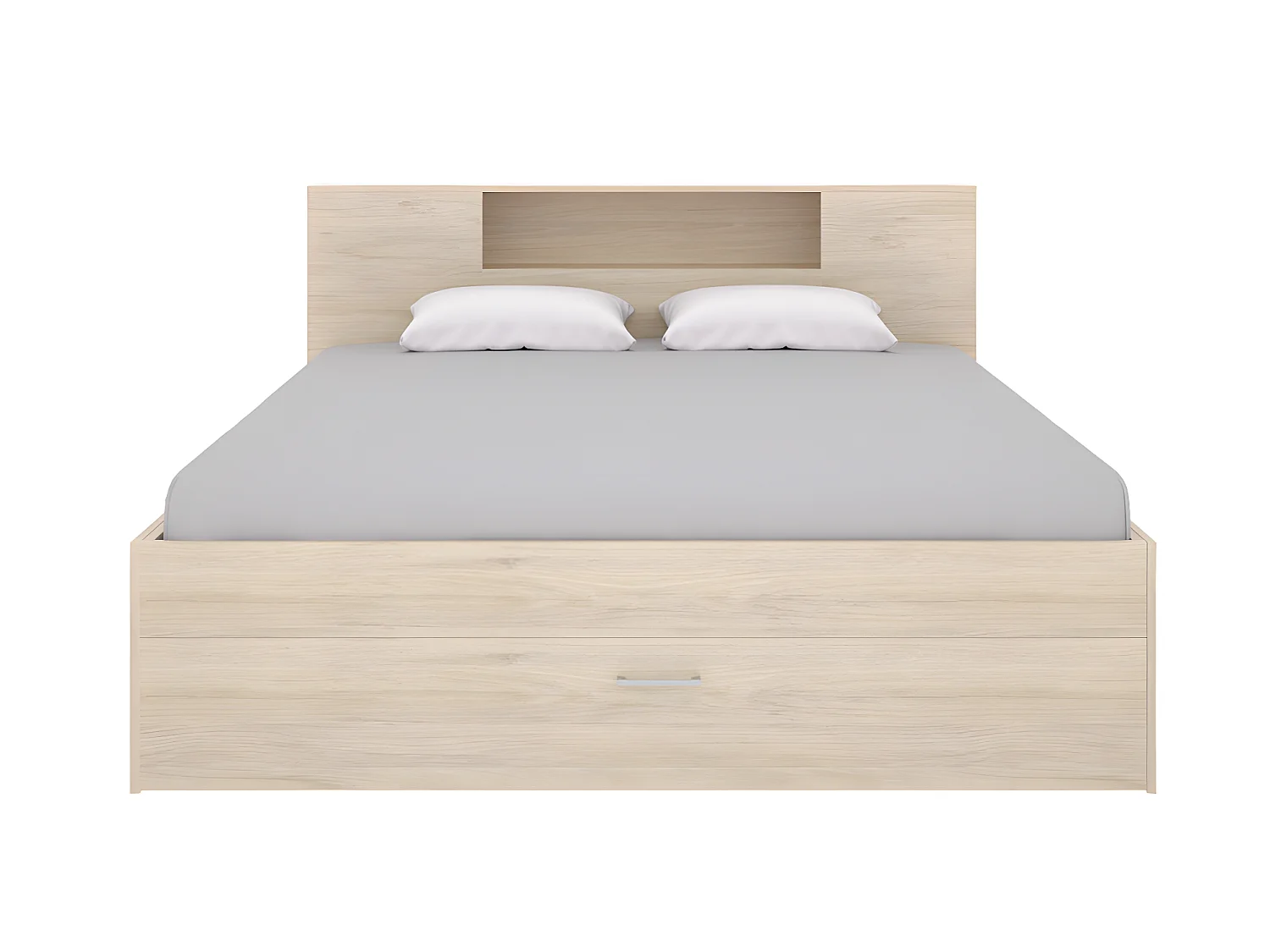 Cama con compartimentos 140 x 190 cm - Color natural + colchón + Somier + Edredón + 2 almohadas - LEANDRE