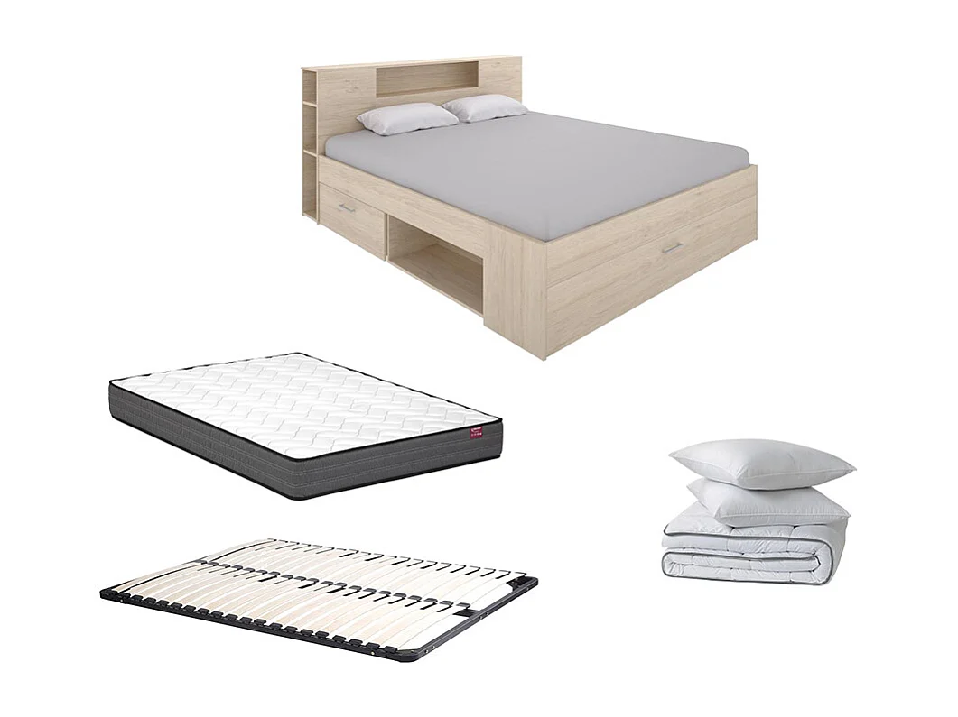 Sparset: Bett 140 x 190 cm + Matratze + Lattenrost + Bettdecke + 2 Kopfkissen - Naturfarben - LEANDRE