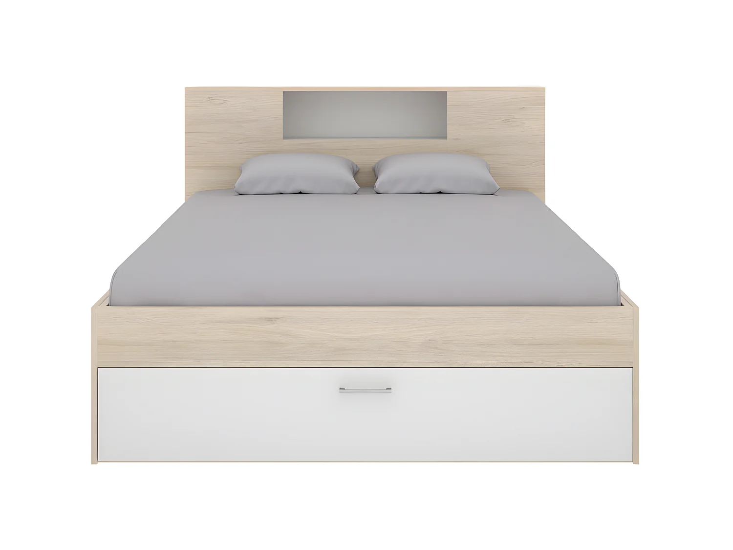 Seng med opbevaringsplads 140 x 190 cm - Hvid og natur + Madras + Sengebund + Dyne + Puder - LEANDRE