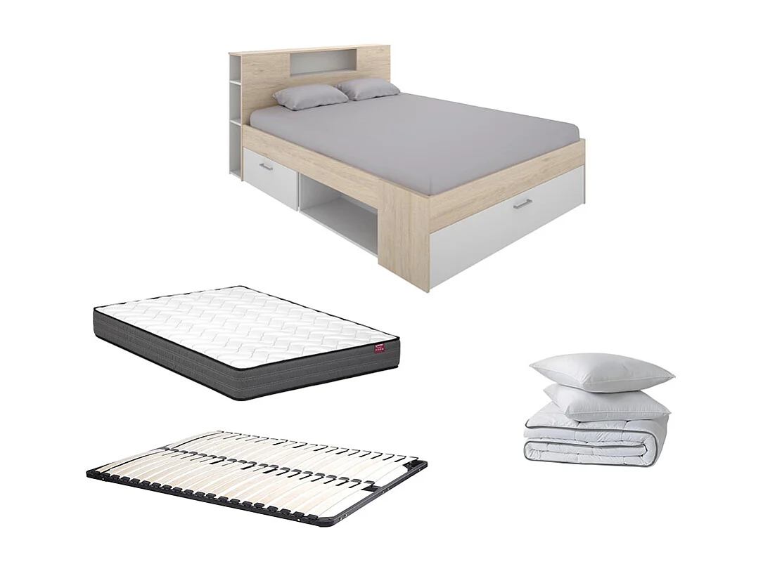 Seng med opbevaringsplads 140 x 190 cm - Hvid og natur + Madras + Sengebund + Dyne + Puder - LEANDRE
