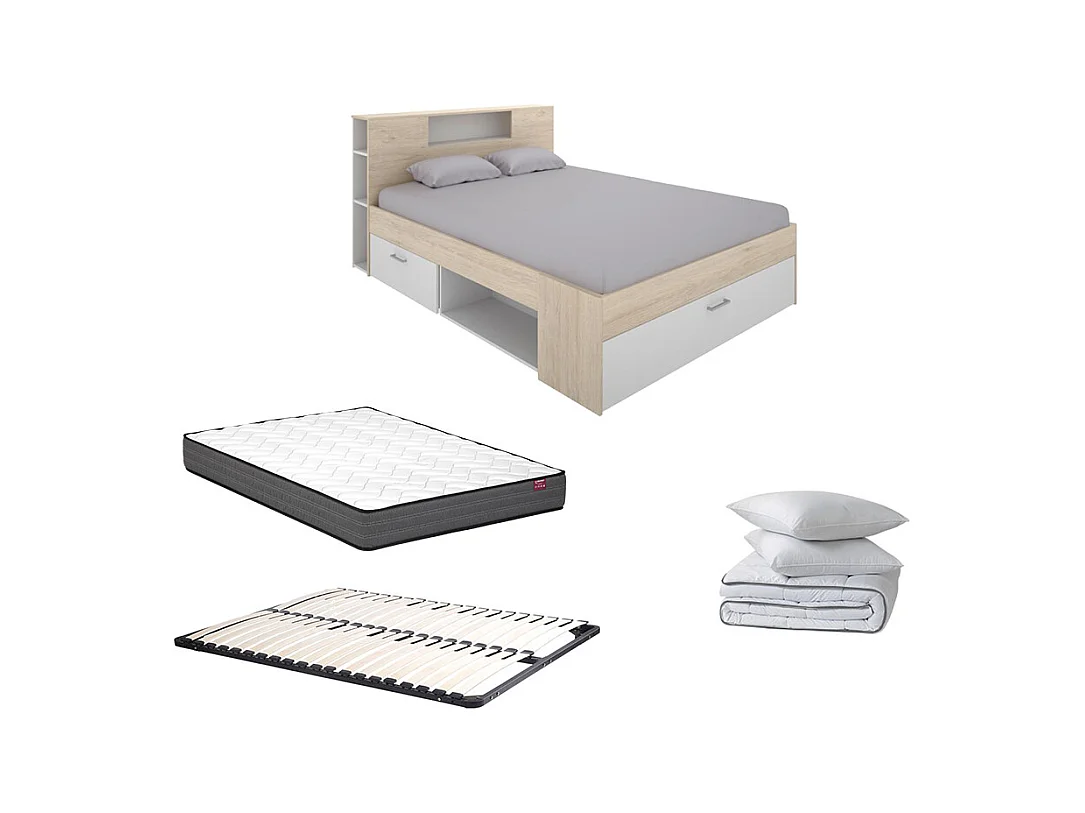Sparset: Bett 140 x 190 cm + Matratze + Lattenrost + Bettdecke + 2 Kopfkissen - Weiß & Naturfarben - LEANDRE
