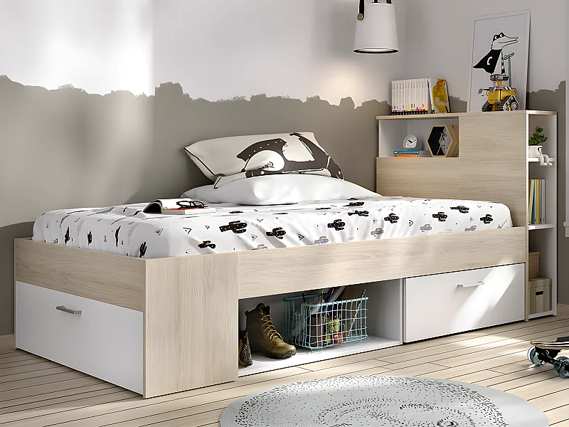 Seng med opbevaring 90 x 190 cm - Hvid og naturlig + Madras + Sengebund + Dyne + Pude - LEANDRE