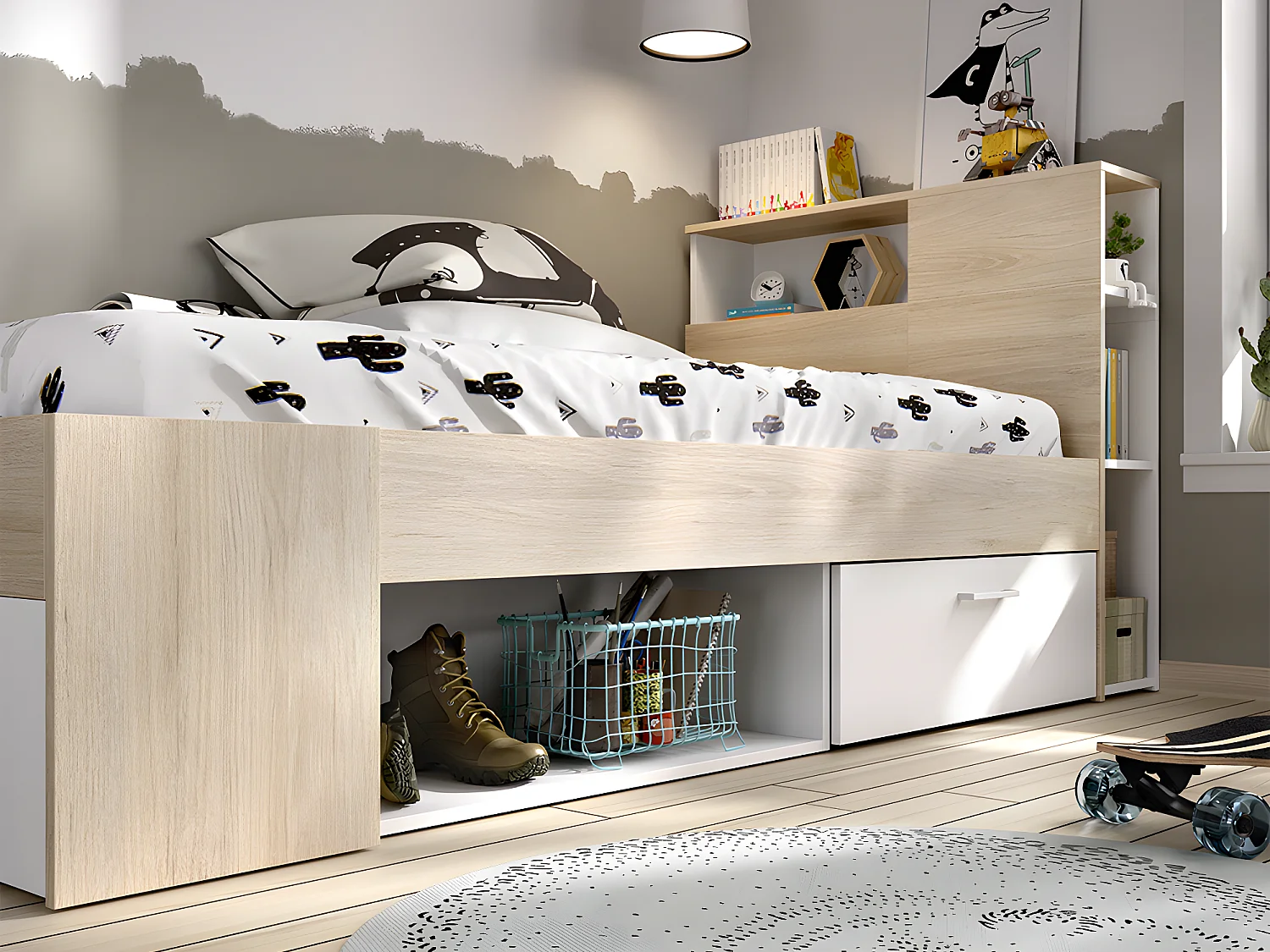 Seng med opbevaring 90 x 190 cm - Hvid og naturlig + Madras + Sengebund + Dyne + Pude - LEANDRE