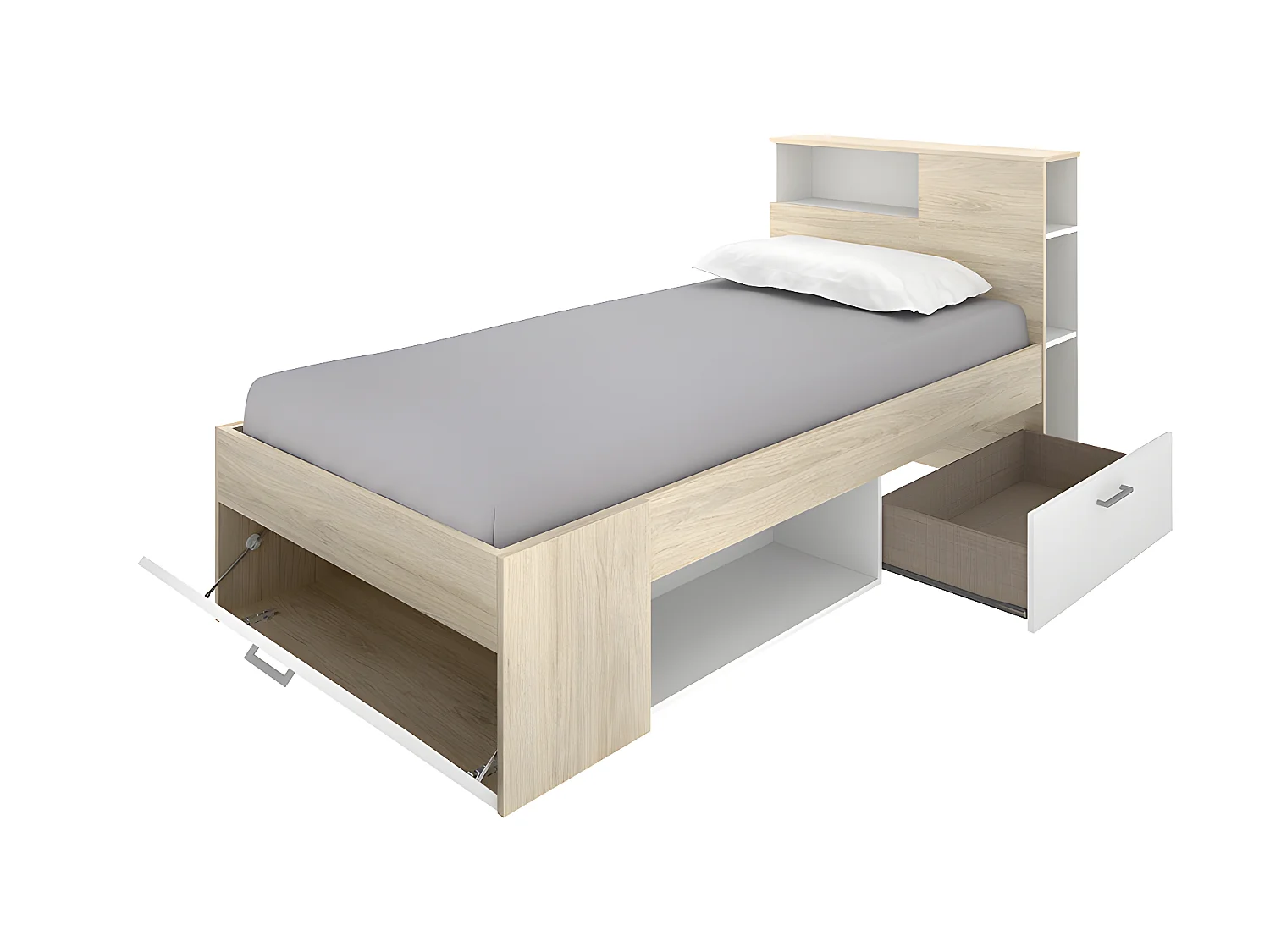 Seng med opbevaring 90 x 190 cm - Hvid og naturlig + Madras + Sengebund + Dyne + Pude - LEANDRE