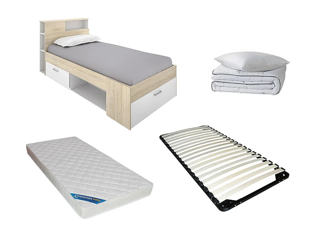 Seng med opbevaring 90 x 190 cm - Hvid og naturlig + Madras + Sengebund + Dyne + Pude - LEANDRE