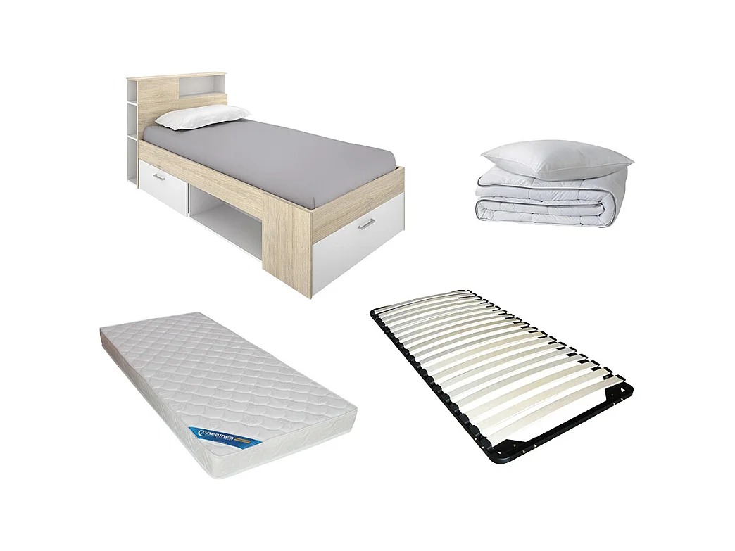 Lit avec rangements 90 x 190 cm - Blanc et naturel + Matelas + Sommier + Couette + Oreiller - LEANDRE