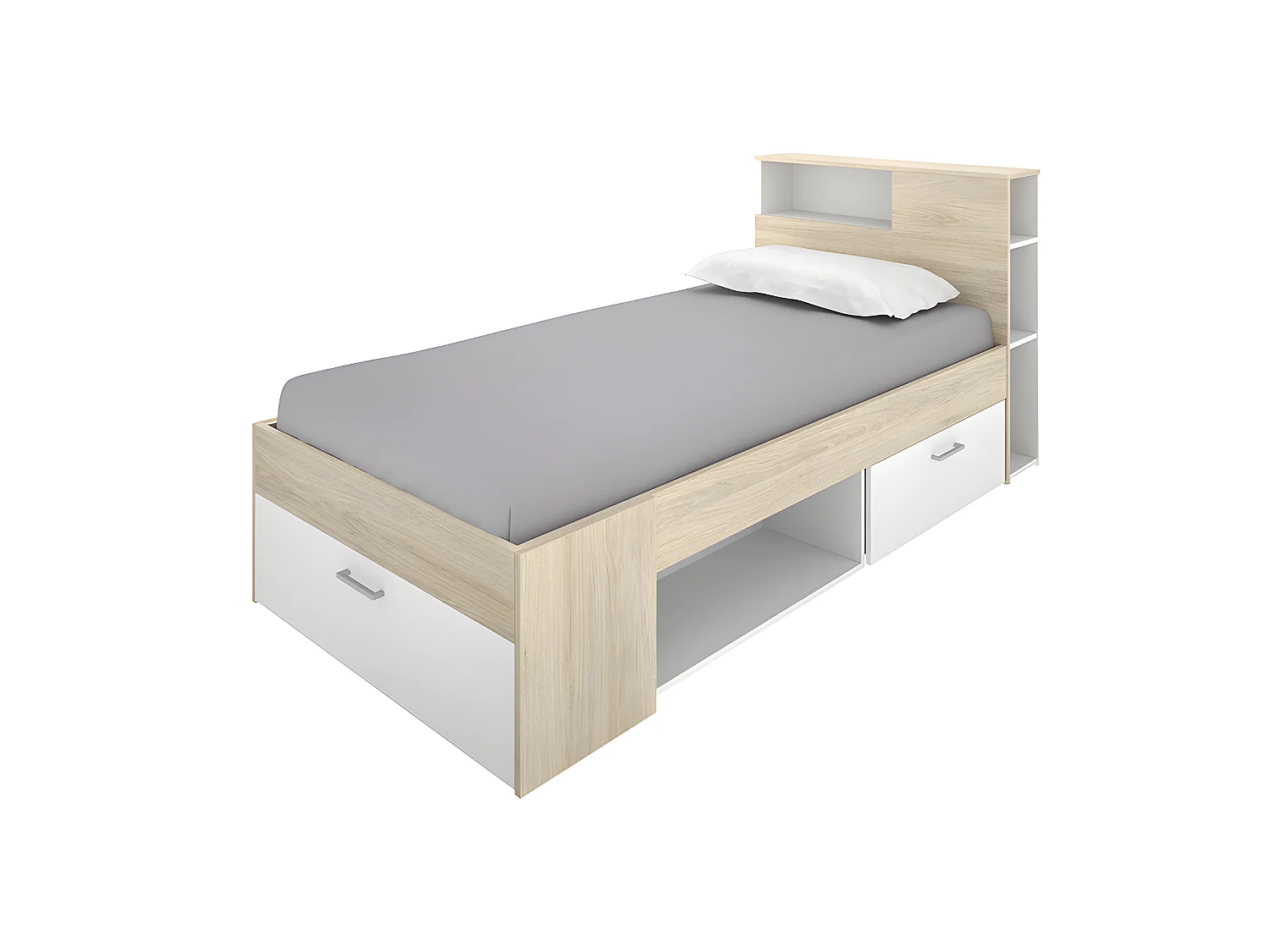 Lit avec rangements 90 x 190 cm - Blanc et naturel + Matelas + Sommier + Couette + Oreiller - LEANDRE