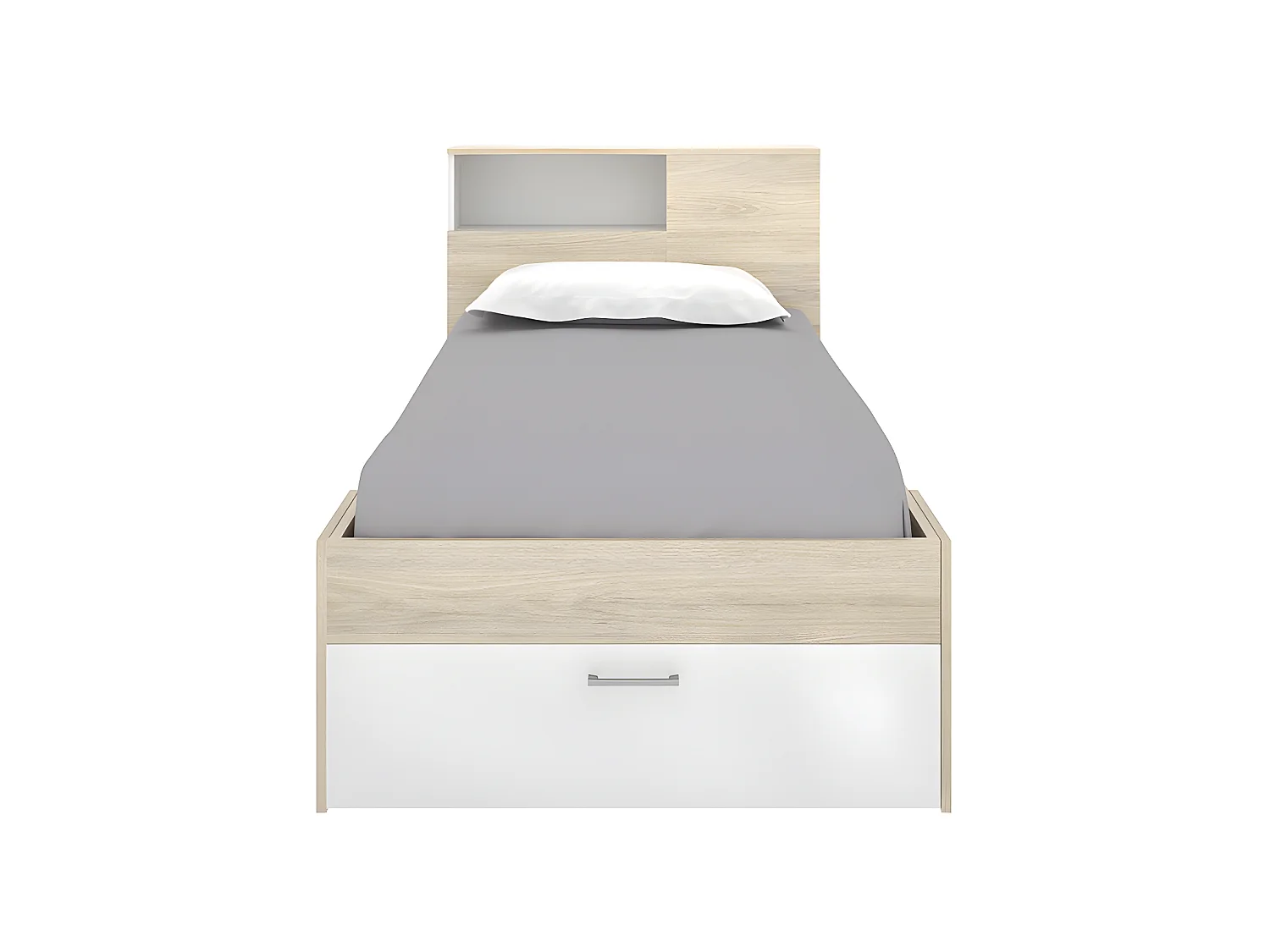 Lit avec rangements 90 x 190 cm - Blanc et naturel + Matelas + Sommier + Couette + Oreiller - LEANDRE