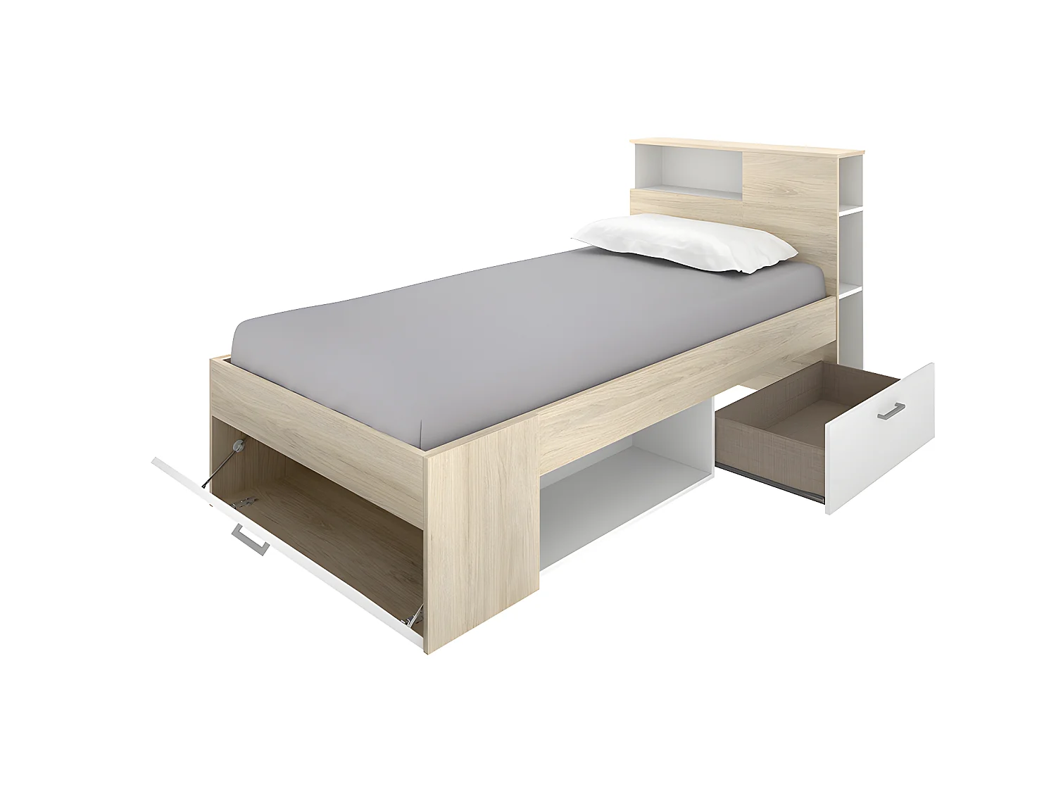 Lit avec rangements 90 x 190 cm - Blanc et naturel + Matelas + Sommier + Couette + Oreiller - LEANDRE