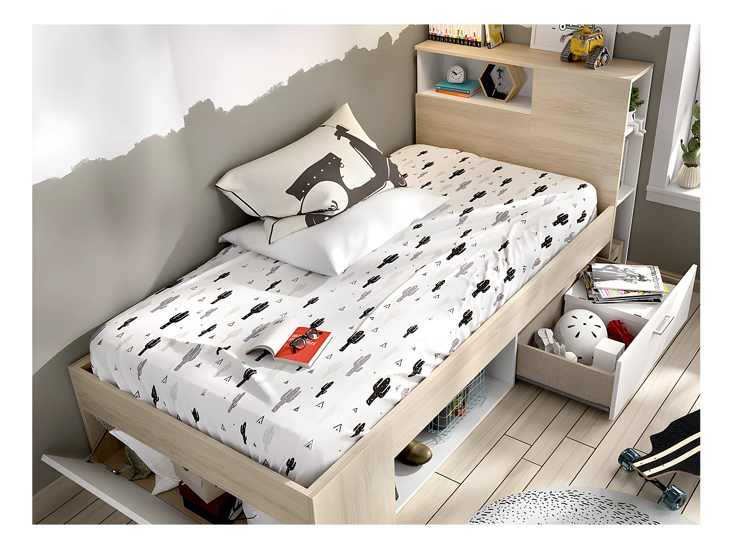 Lit avec rangements 90 x 190 cm - Blanc et naturel + Matelas + Sommier + Couette + Oreiller - LEANDRE