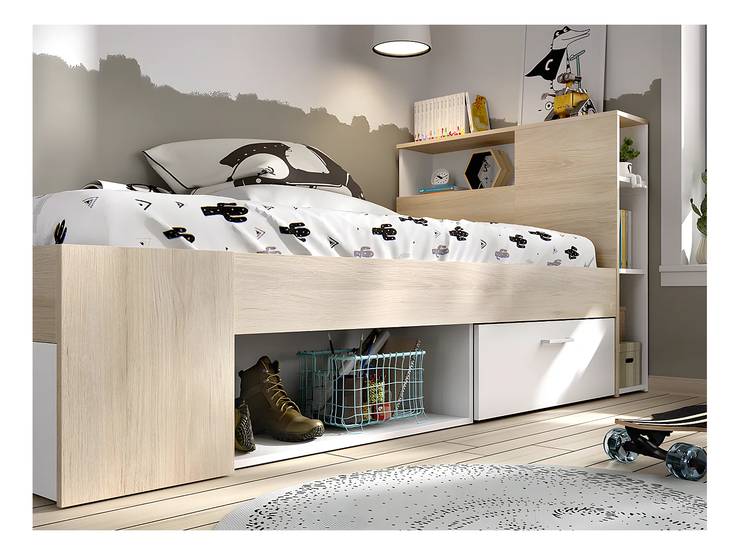 Lit avec rangements 90 x 190 cm - Blanc et naturel + Matelas + Sommier + Couette + Oreiller - LEANDRE