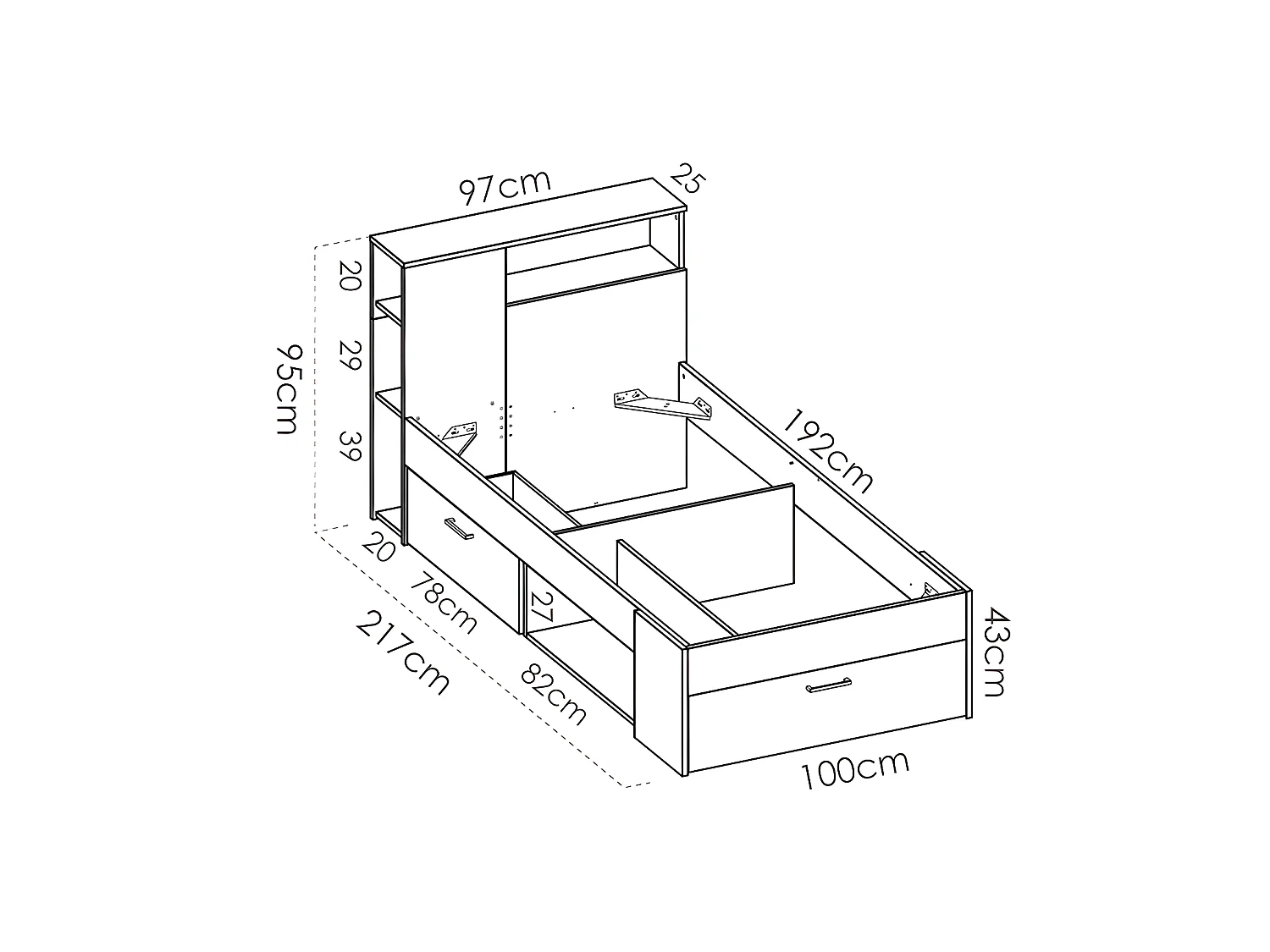 Lit avec rangements 90 x 190 cm - Blanc et naturel + Matelas + Sommier + Couette + Oreiller - LEANDRE