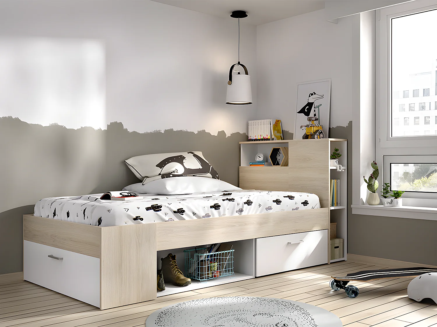 Sparset Kinderzimmer: Bett 90 x 190 cm + Matratze + Lattenrost + Bettdecke + Kopfkissen - Weiß & Naturfarben - LEANDRE