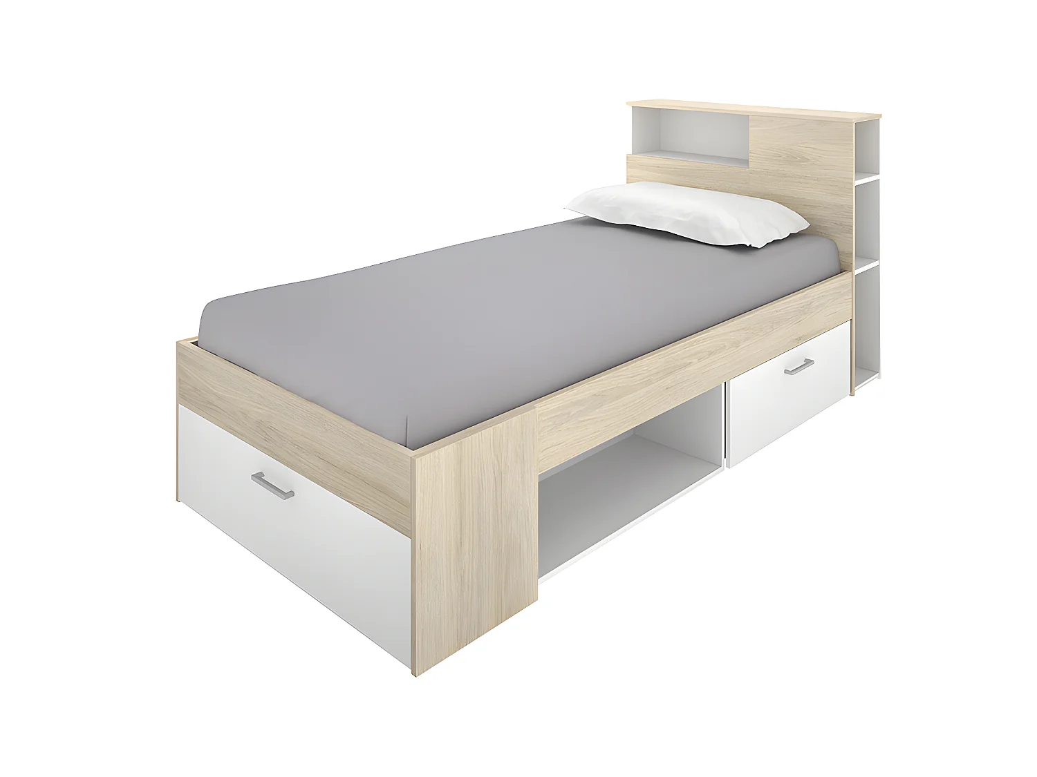 Sparset Kinderzimmer: Bett 90 x 190 cm + Matratze + Lattenrost + Bettdecke + Kopfkissen - Weiß & Naturfarben - LEANDRE