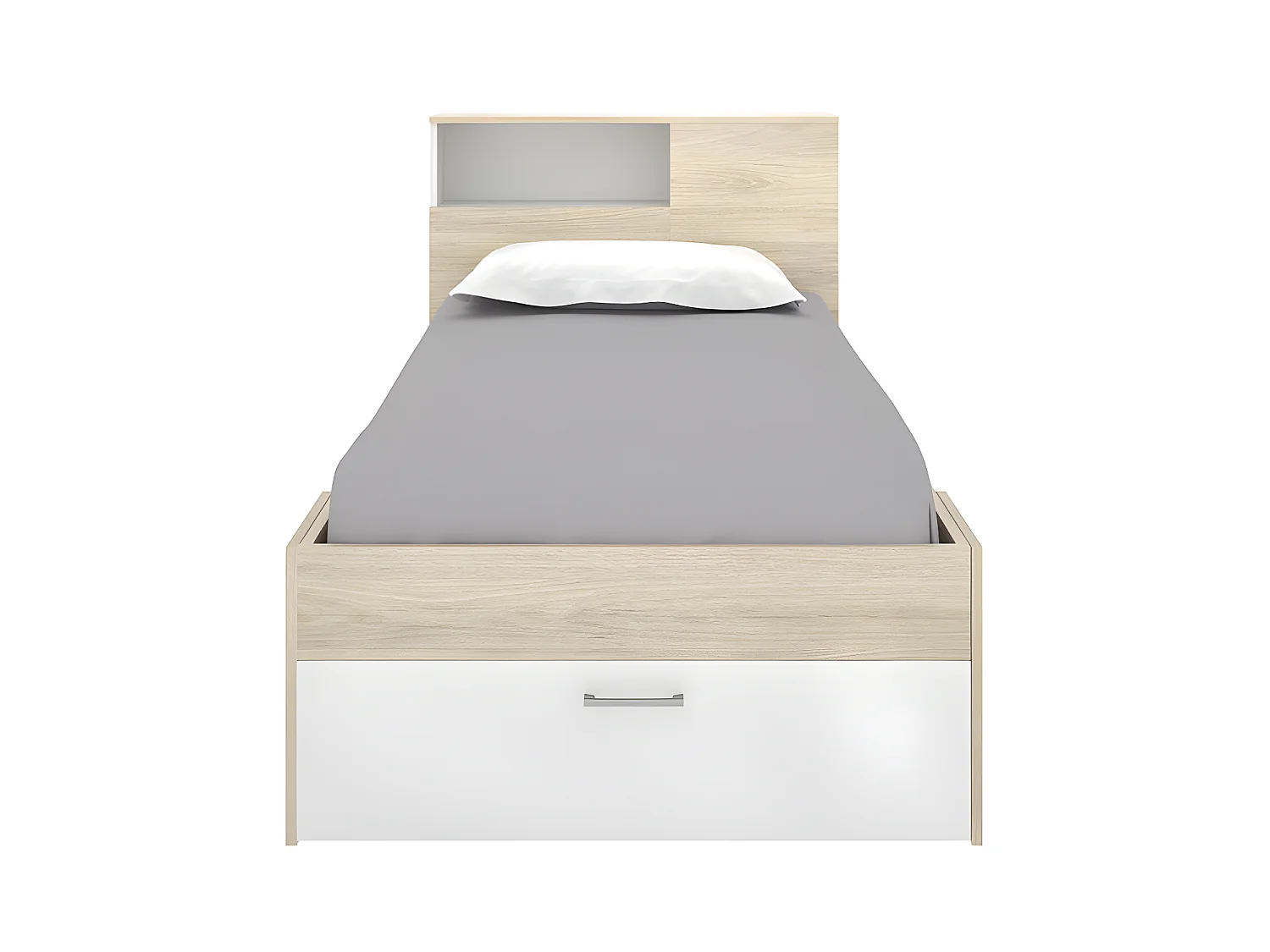 Sparset Kinderzimmer: Bett 90 x 190 cm + Matratze + Lattenrost + Bettdecke + Kopfkissen - Weiß & Naturfarben - LEANDRE