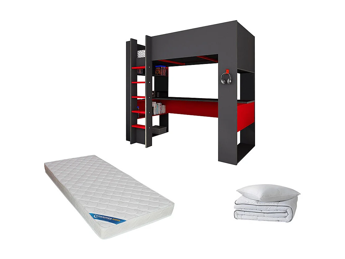 Set gamer hoogslaper 90 x 200 cm - met LEDs - Antraciet en rood - Matras + Dekbed + kussen - NOAH
