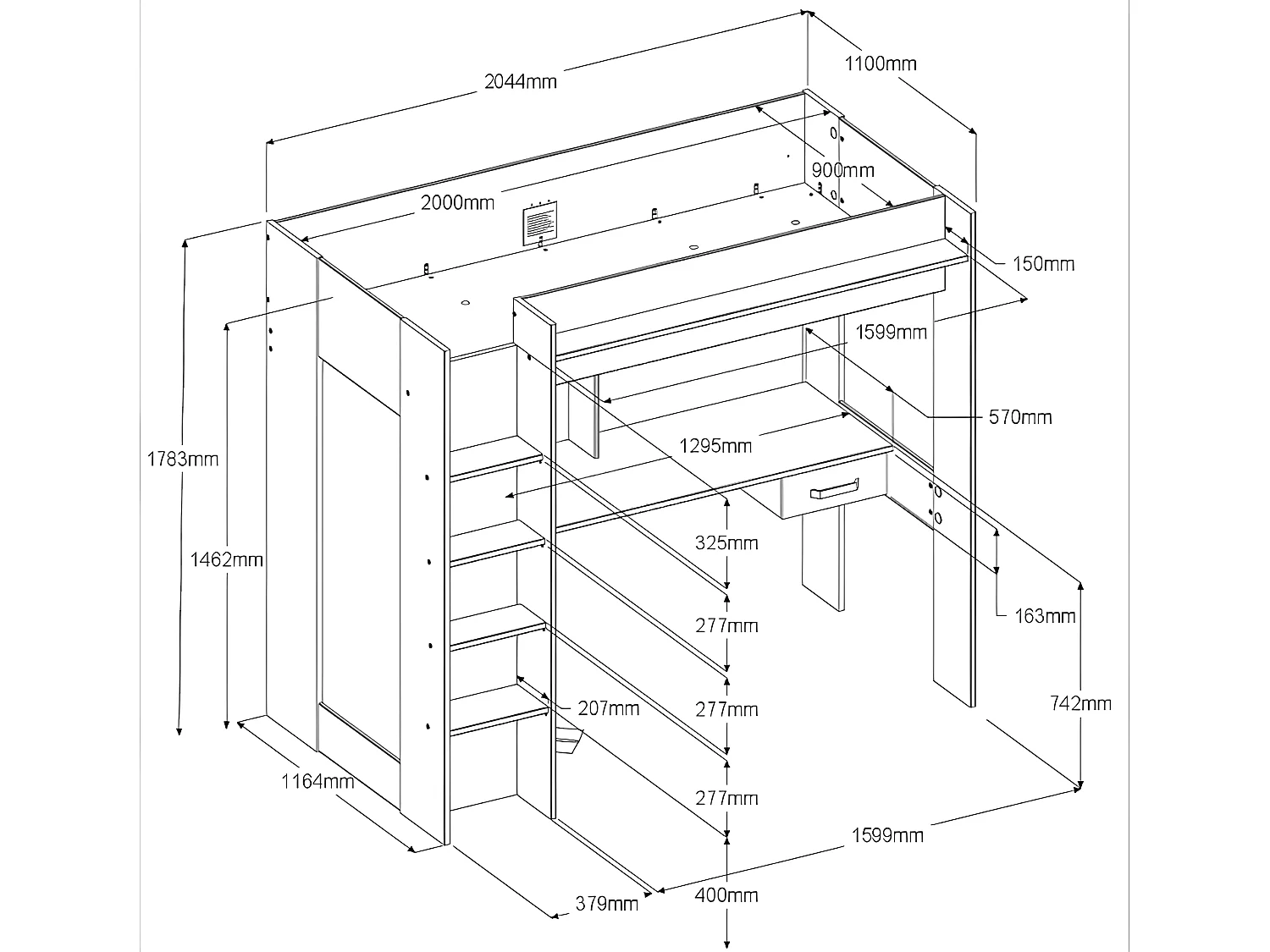 Sparset Jugendzimmer: Hochbett 90 x 200 cm mit Schreibtisch & Kleiderschrank + Matratze + Bettdecke + Kopfkissen - Naturfarben & Anthrazit - AUCKLAND