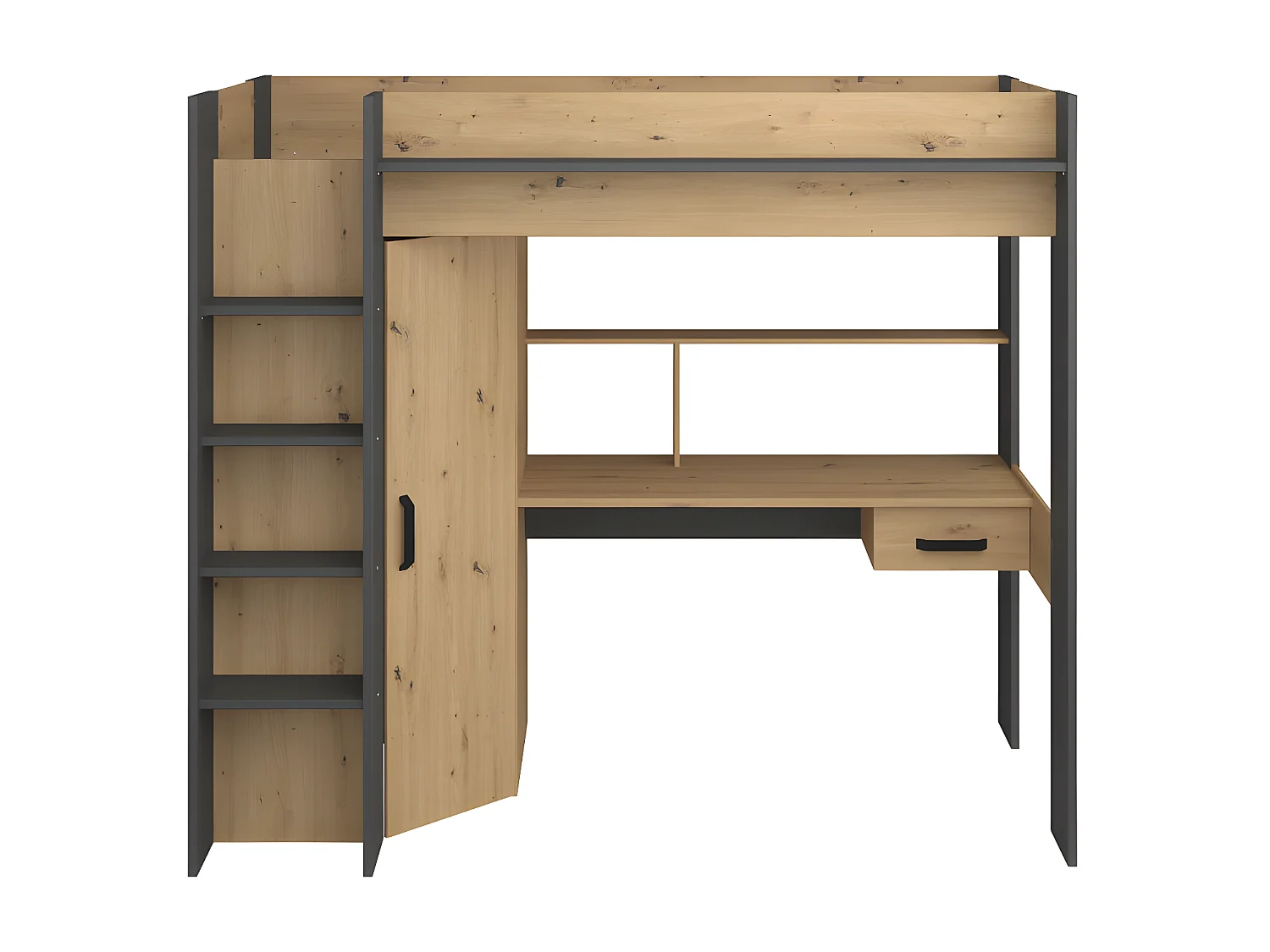 Sparset Jugendzimmer: Hochbett 90 x 200 cm mit Schreibtisch & Kleiderschrank + Matratze + Bettdecke + Kopfkissen - Naturfarben & Anthrazit - AUCKLAND