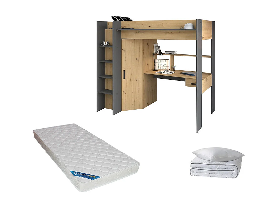 Sparset Jugendzimmer: Hochbett 90 x 200 cm mit Schreibtisch & Kleiderschrank + Matratze + Bettdecke + Kopfkissen - Naturfarben & Anthrazit - AUCKLAND
