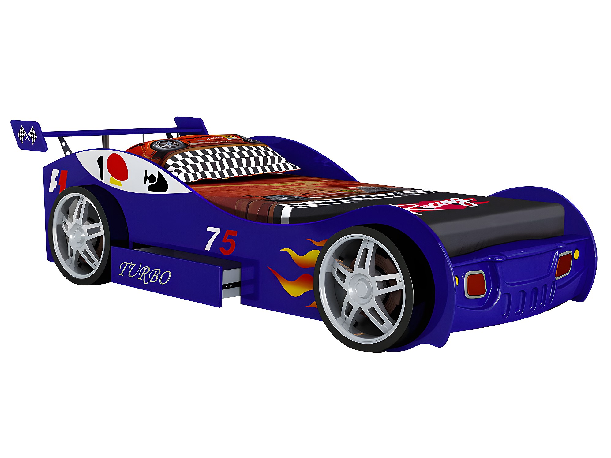 Kinderautobed 90 x 200 cm met lade Blauw + Matras + dekbed + kussen