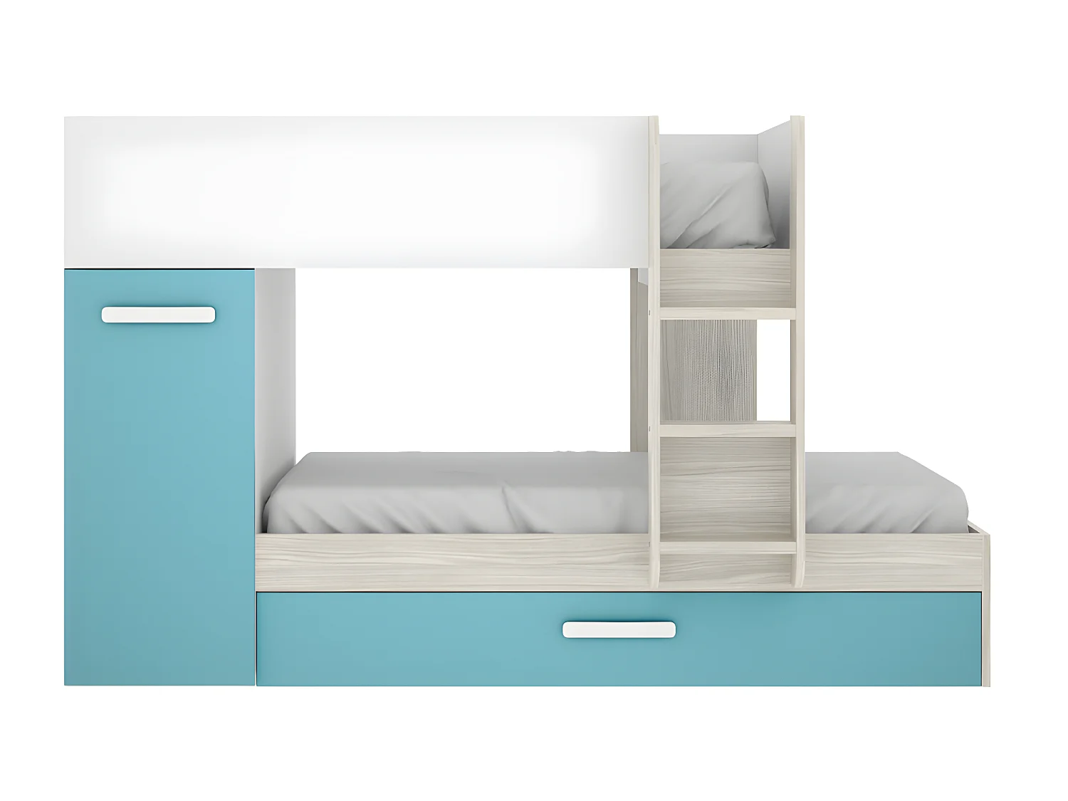 Set stapelbed met uitschuifbedlade 3 x 90 x 190 cm - Wit, naturel en blauw + 3 matrassen + 3 dekbedden + 3 kussens - ANTHONY