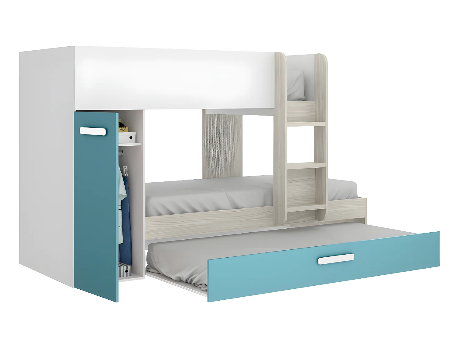 Set stapelbed met uitschuifbedlade 3 x 90 x 190 cm - Wit, naturel en blauw + 3 matrassen + 3 dekbedden + 3 kussens - ANTHONY