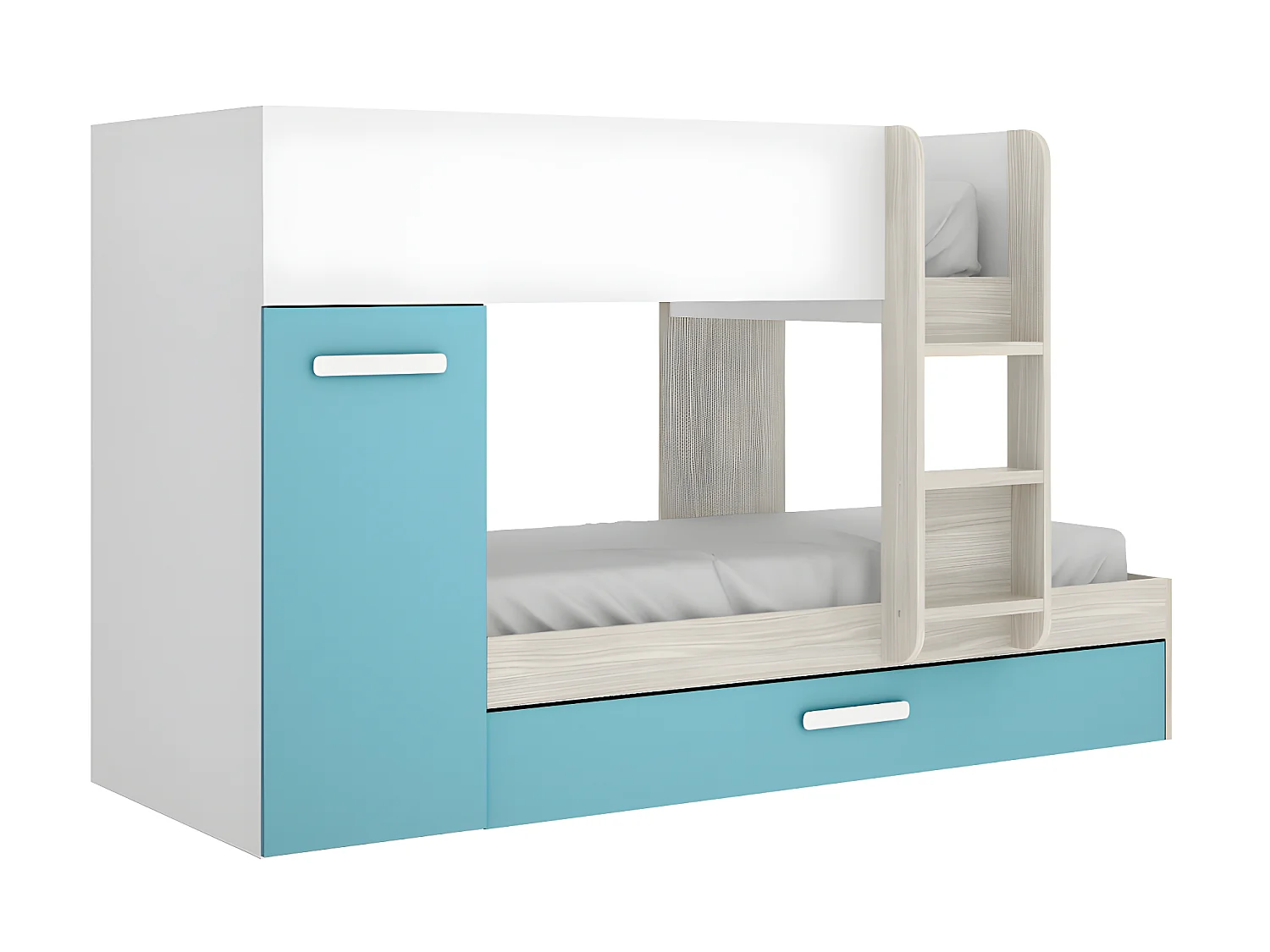 Set stapelbed met uitschuifbedlade 3 x 90 x 190 cm - Wit, naturel en blauw + 3 matrassen + 3 dekbedden + 3 kussens - ANTHONY