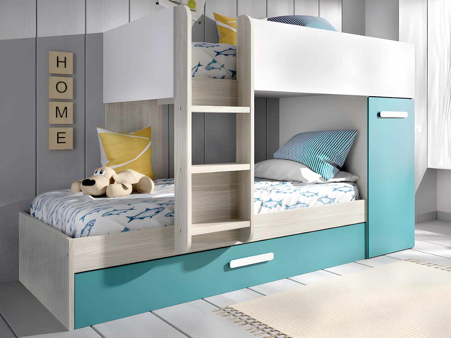 Set stapelbed met uitschuifbedlade 3 x 90 x 190 cm - Wit, naturel en blauw + 3 matrassen + 3 dekbedden + 3 kussens - ANTHONY