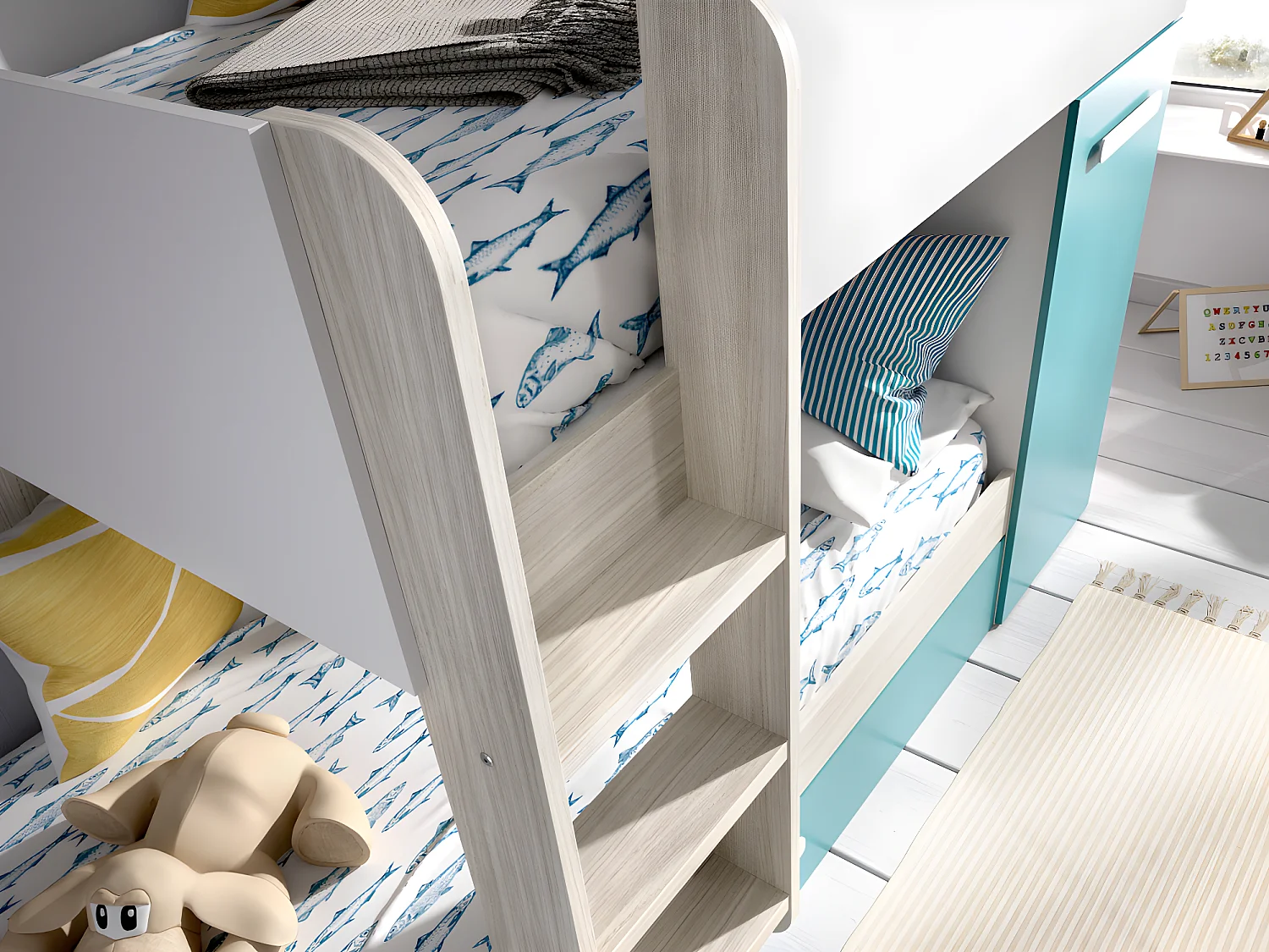 Set stapelbed met uitschuifbedlade 3 x 90 x 190 cm - Wit, naturel en blauw + 3 matrassen + 3 dekbedden + 3 kussens - ANTHONY