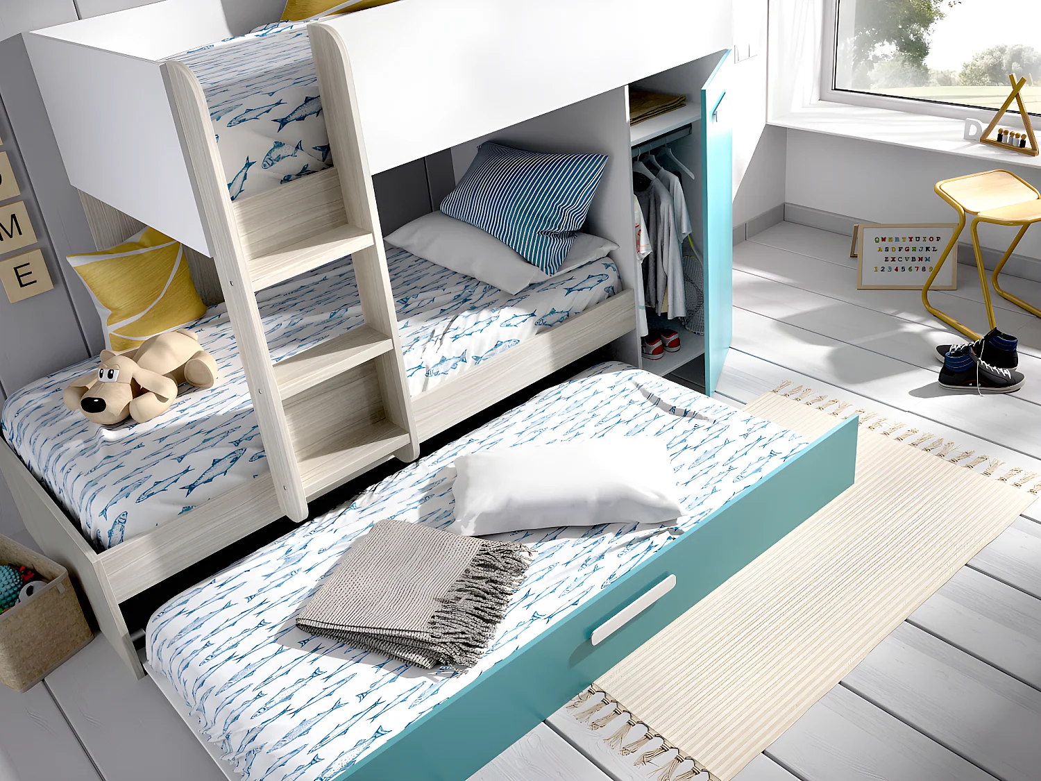 Set stapelbed met uitschuifbedlade 3 x 90 x 190 cm - Wit, naturel en blauw + 3 matrassen + 3 dekbedden + 3 kussens - ANTHONY