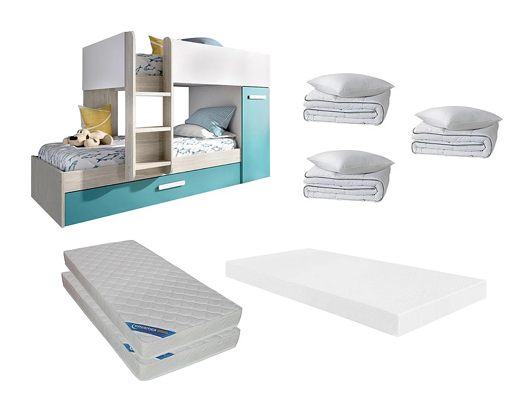 Set stapelbed met uitschuifbedlade 3 x 90 x 190 cm - Wit, naturel en blauw + 3 matrassen + 3 dekbedden + 3 kussens - ANTHONY