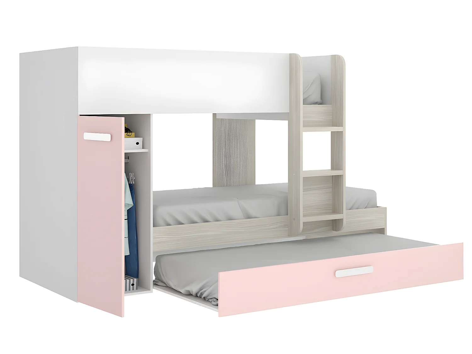 Ensemble lits superposés avec tiroir lit gigogne 3 x 90 x 190 cm - Blanc, naturel et rose + 3 matelas + 3 couettes + 3 oreillers - ANTHONY