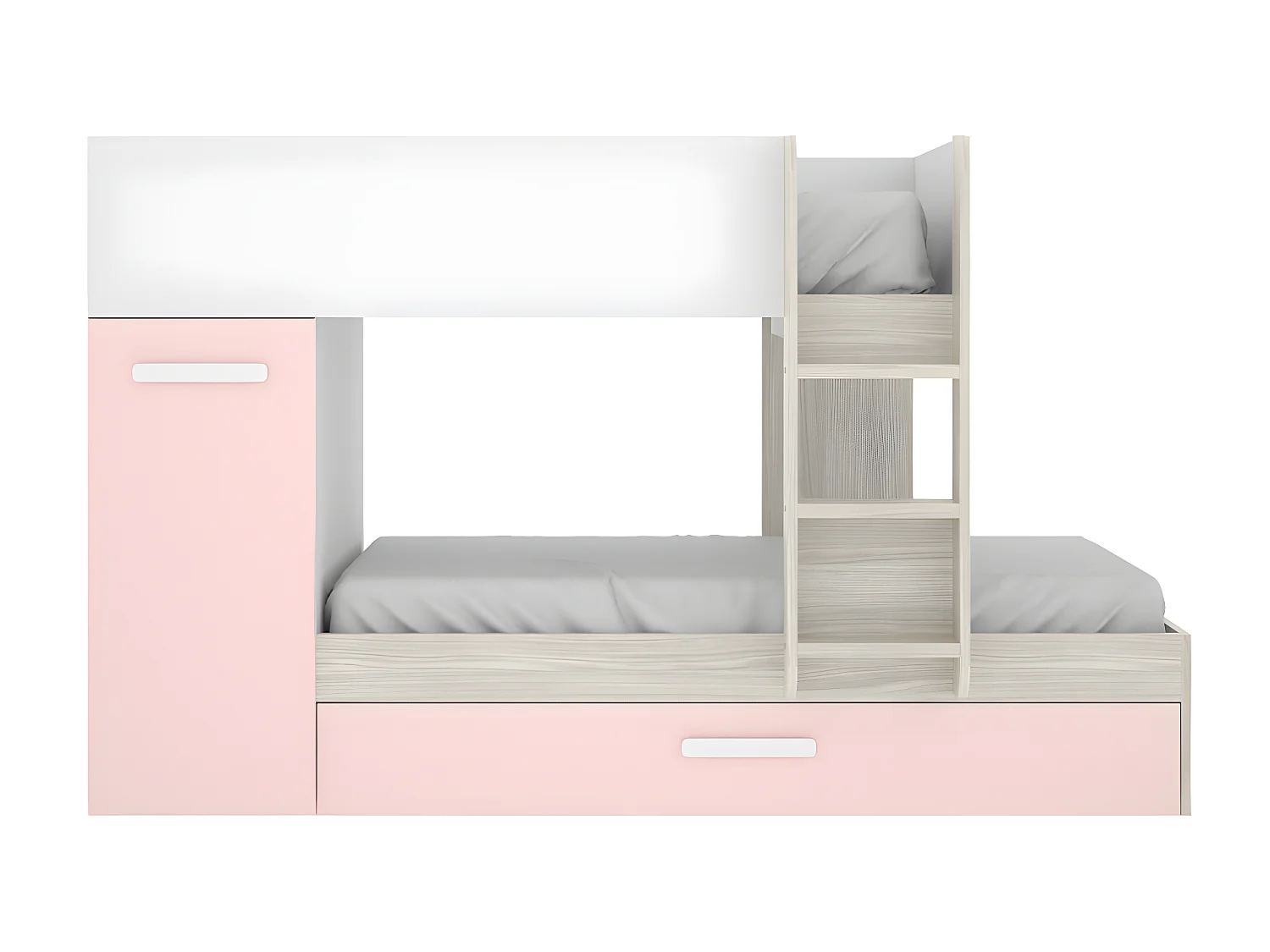 Ensemble lits superposés avec tiroir lit gigogne 3 x 90 x 190 cm - Blanc, naturel et rose + 3 matelas + 3 couettes + 3 oreillers - ANTHONY