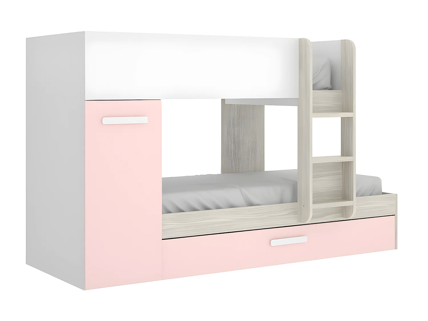 Ensemble lits superposés avec tiroir lit gigogne 3 x 90 x 190 cm - Blanc, naturel et rose + 3 matelas + 3 couettes + 3 oreillers - ANTHONY