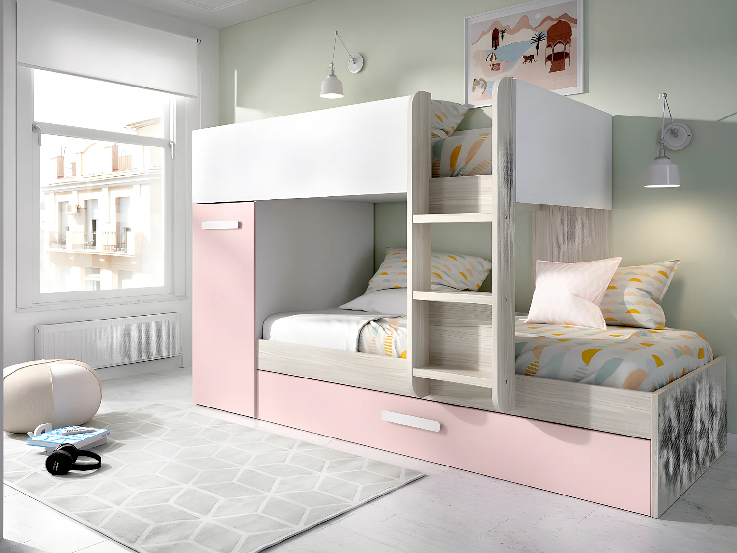 Ensemble lits superposés avec tiroir lit gigogne 3 x 90 x 190 cm - Blanc, naturel et rose + 3 matelas + 3 couettes + 3 oreillers - ANTHONY